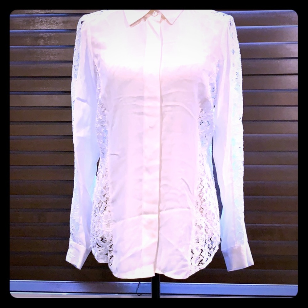 WORTH Floral Silk and Lace Button Down Blouse